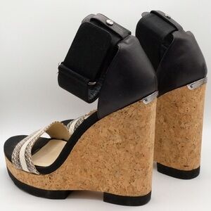 Jimmy Choo Neston Snake Cork Wedge Sandals 38.5 Black Snakeskin Leather